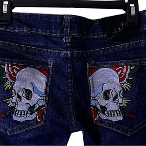 Ed Hardy Embroidered Skull Design Blue Jeans